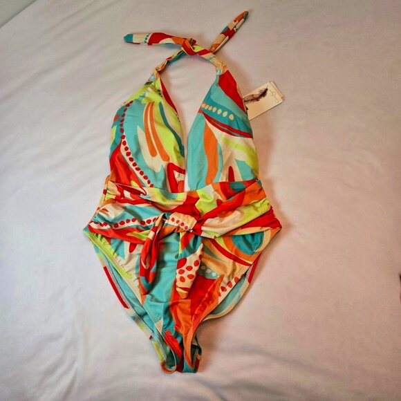 JESSICA SIMPSON Women's Plunge Neck One Piece Swimsuit Sz: S Multi Color - Picture 1 of 12